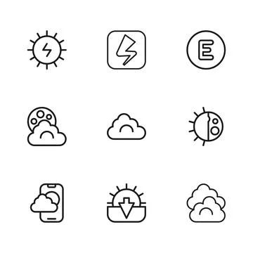 Set line Sunset, Day night cycle, Cloud, Compass west, Solar energy panel, .. 스톡 일러스트