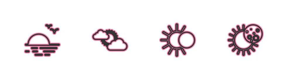 Set line Sunset, Eclipse of the sun, and cloud weather and icon. Vector Stock Illustration
