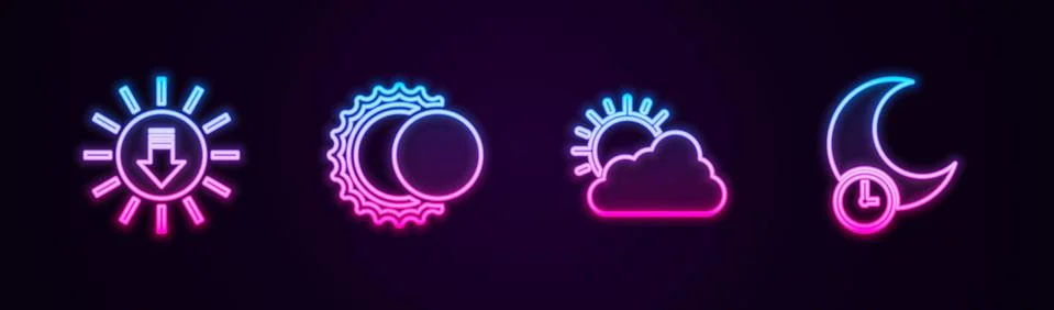 Set line Sunset, Eclipse of the sun, and cloud weather and Sleeping moon Ilustração Stock