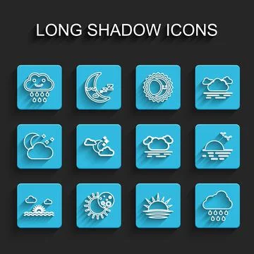 Set line Sunset, Eclipse of the sun, Cloud with rain, moon and stars, and icon Stock Illustration