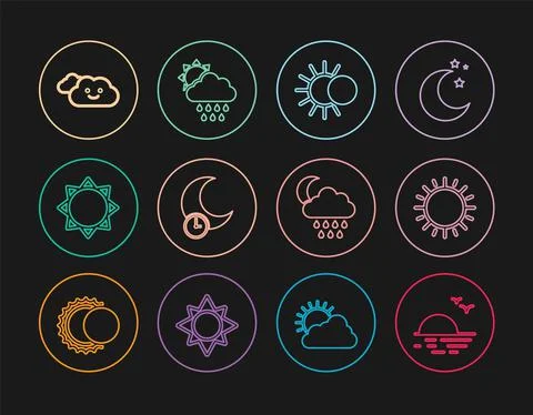 Set line Sunset, Eclipse of the sun, Sleeping moon, Cloud, with rain and and Ilustração Stock