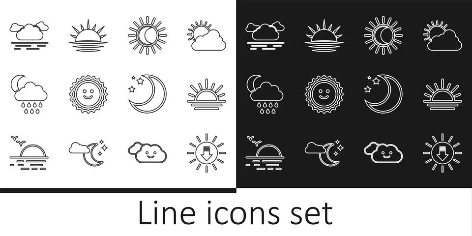 Set line Sunset, Eclipse of the sun, Cloud with rain and moon, Moon stars and Ilustração Stock