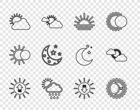 Set line Sunset, Eclipse of the sun, Cloud with rain and, cloud weather, Moon Stock Illustration