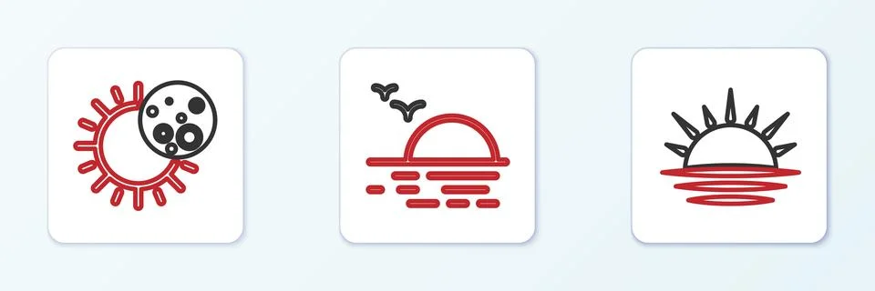 Set line Sunset, Eclipse of the sun and  icon. Vector Stock Illustration