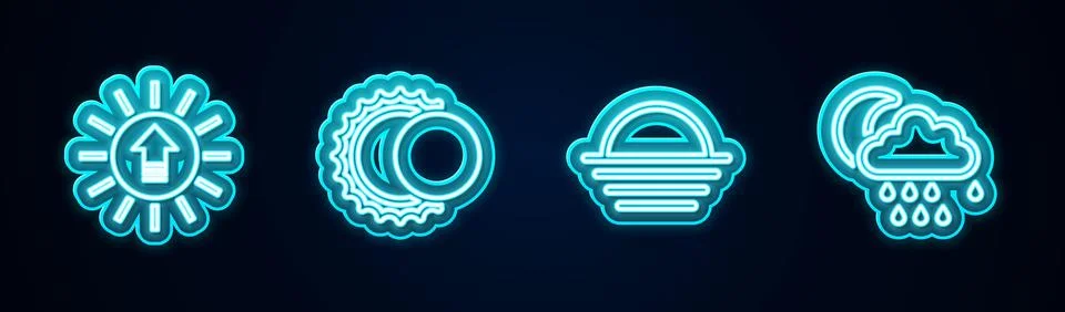 Set line Sunset, Eclipse of the sun,  and Cloud with rain and moon. Glowing n Ilustração Stock