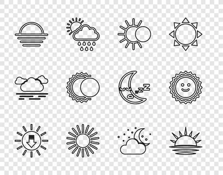 Set line Sunset, Eclipse of the sun, Cloud with moon and stars and  icon. V.. Ilustração Stock