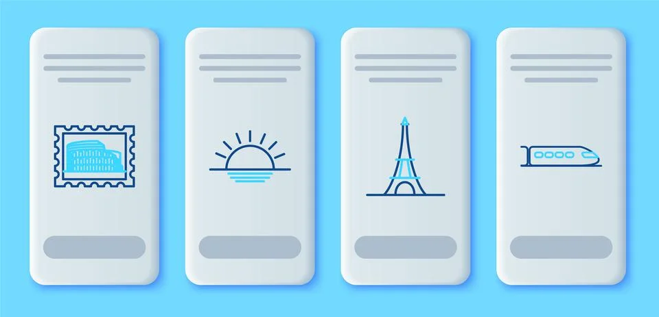 Set line Sunset, Eiffel tower, Postal stamp and Coliseum and Train icon. Vector Stock Illustration