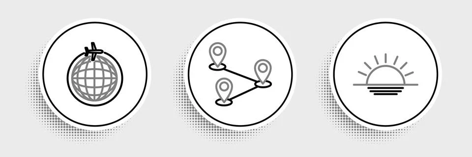 Set line Sunset, Globe with flying plane and Route location icon. Vector イラスト素材