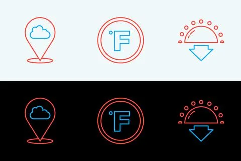 Set line Sunset, Location cloud and Fahrenheit icon. Vector Stock Illustration