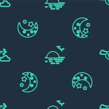 Set line Sunset, Moon and stars and Cloud with moon on seamless pattern. Vector イラスト素材