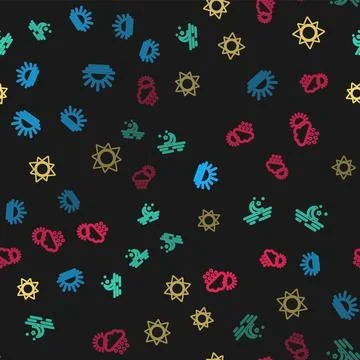 Set line Sunset, Moon and stars, and Cloud with rain sun on seamless pattern Stock Illustration