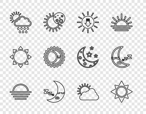 Set line Sunset, Moon icon, Cloud with rain and sun, Eclipse of the, cloud Ilustração Stock