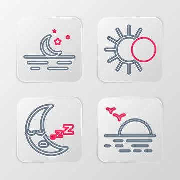 Set line Sunset, Moon icon, Eclipse of the sun and and stars icon. Vector Illustrazione stock