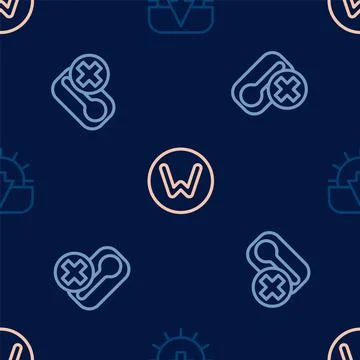 Set line Sunset, Thermometer and Compass north on seamless pattern. Vector Illustrazione stock