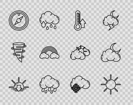 Set line Sunset, Thermometer, Cloud with rain, Wind rose, Rainbow clouds, s.. Stock Illustration