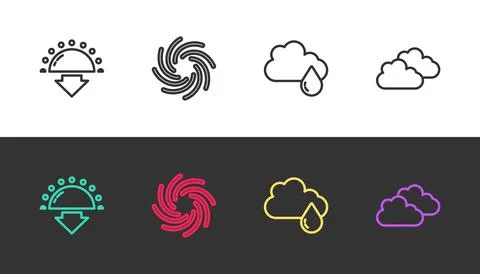 Set line Sunset, Tornado, Cloud with rain and on black and white. Vector Stock Illustration