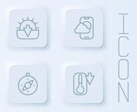 Set line Sunset, Weather forecast app, Compass and Thermometer. White square Stock Illustration