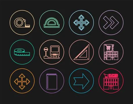 Set line Supermarket building, Mall or supermarket, Pixel arrows four direc.. Ilustración de archivo