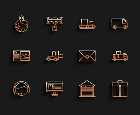 Set line Support operator in touch, Computer monitor with app delivery tracking Stock Illustration