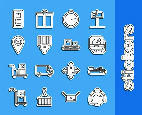 Set line Support operator in touch, Pizza cardboard, Stopwatch, Scanner scanning Illustrazione stock