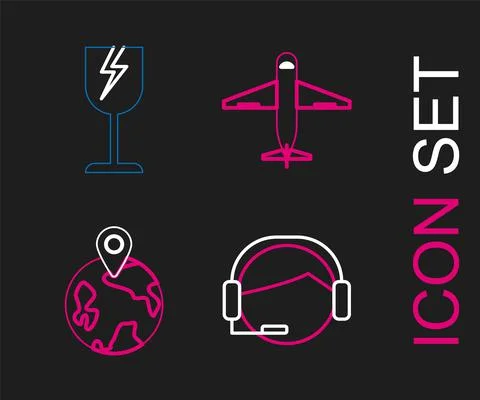 Set line Support operator in touch, Worldwide, Plane and Fragile broken glass Illustrazione stock