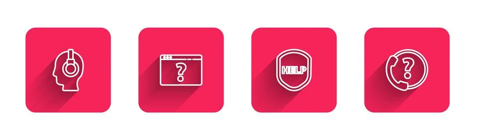 Set line Support operator in touch, Browser with question mark, Shield text Help 스톡 일러스트