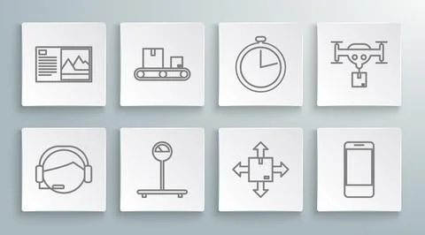 Set line Support operator in touch, Scale, Cardboard traffic symbol, Mobile p Stock Illustration