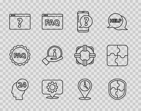 Set line Support operator in touch, Shield, Mobile phone with question, Location 스톡 일러스트