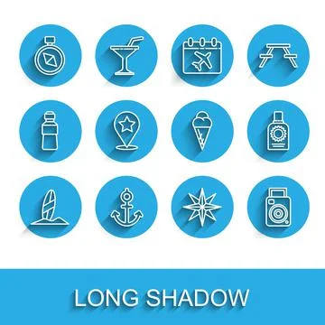Set line Surfboard, Anchor, Compass, Wind rose, Photo camera, Map pointer with Illustrazione stock