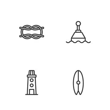 Set line Surfboard, Lighthouse, Nautical rope knots and Floating buoy icon Stock Illustration