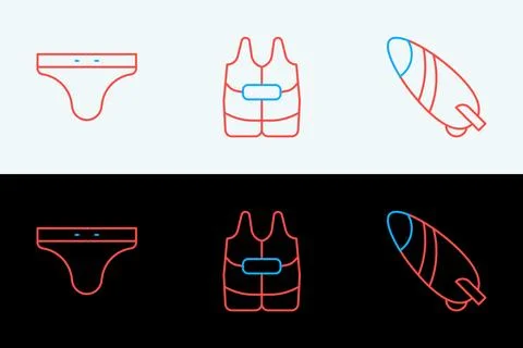 Set line Surfboard, Swimming trunks and Life jacket icon. Vector Stock Illustration