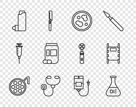Set line Surgery lamp, Test tube and flask, Petri dish with bacteria Illustrazione stock