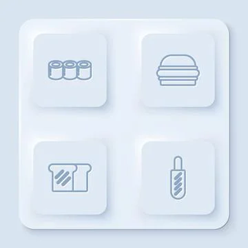 Set line Sushi, Burger, Bread toast and Hotdog sandwich. White square button Illustrazione stock