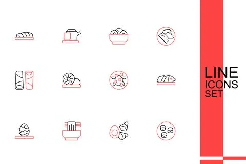 Set line Sushi, Chicken egg with vegerables, Asian noodles in bowl, Chinese.. Stock Illustration