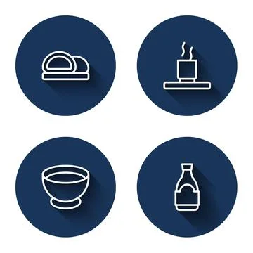 Set line Sushi, Cup of tea, Soy sauce in bowl and bottle with long shadow. Blue Stock Illustration