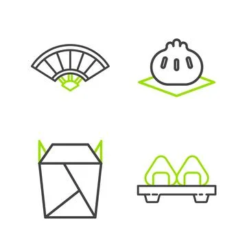 Set line Sushi on cutting board, Rstaurant opened take out box filled, Khinkali Stock Illustration