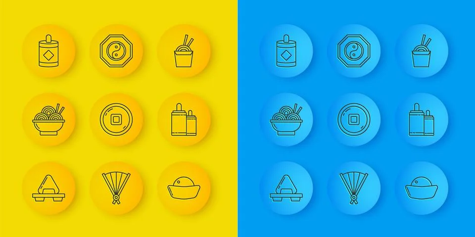 Set line Sushi on cutting board, Asian noodles bowl, Chinese Yuan currency,.. Stock Illustration