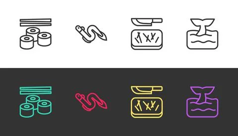 Set line Sushi, Eel fish, Cutting board and knife and Whale tail ocean wave on Stock Illustration