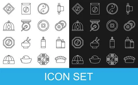 Set line Sushi, Firework, Chinese Yuan currency, Yin Yang, Gong, hat, and icon Stock Illustration