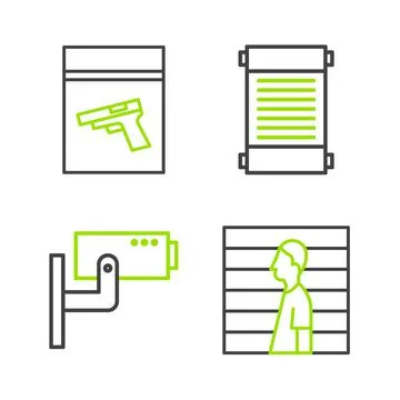 Set line Suspect criminal, Security camera, Decree, paper, parchment, scroll and Illustrazione stock