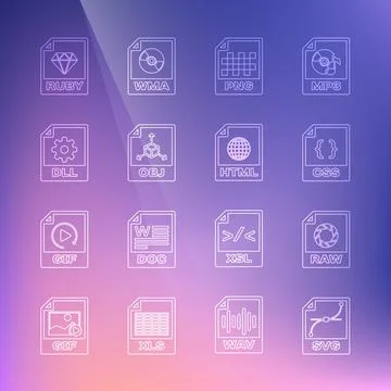 Set line SVG file document, RAW, CSS, PNG, OBJ, DLL, RUBY and HTML icon. Vector イラスト素材