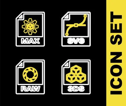 Set line SVG file document, 3DS, RAW and MAX icon. Vector Stock Illustration
