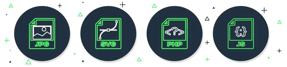 Set line SVG file document, PHP, JPG and JS icon. Vector Illustration