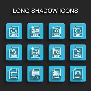 Set line SVG file document, TXT, MOV, PNG, EML, GIF, WMA and BMP icon. Vector Illustrazione stock