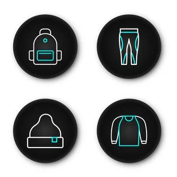 Set line Sweater, Beanie hat, Leggings and School backpack icon. Vector Stock Illustration