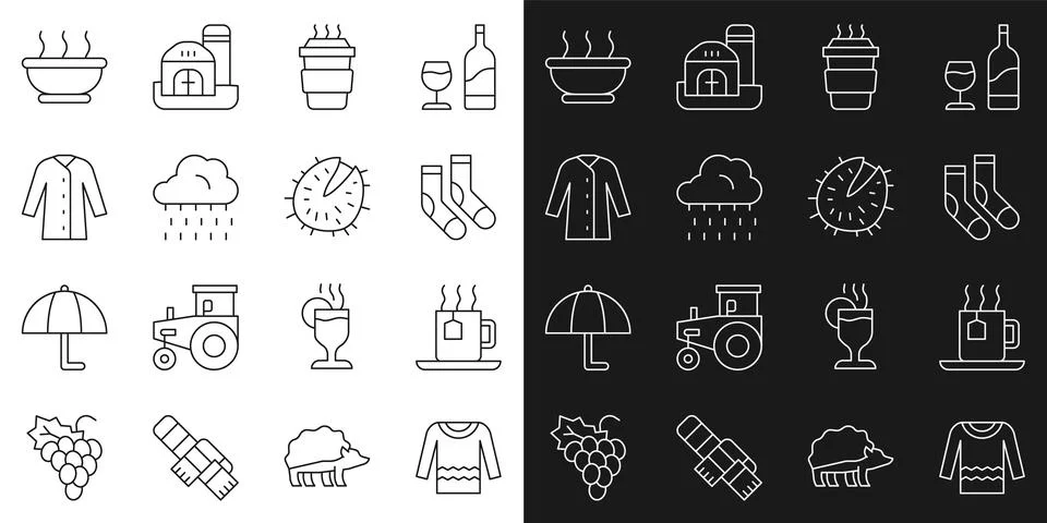 Set line Sweater, Cup of tea with tea bag, Socks, Coffee cup to go, Cloud rai Stock Illustration