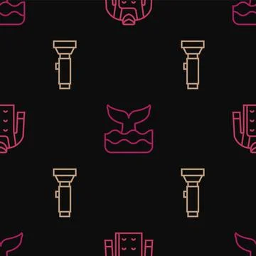 Set line Sweater, Flashlight and Whale tail on seamless pattern. Vector 스톡 일러스트