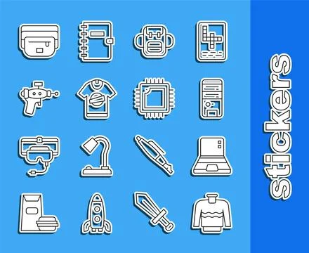Set line Sweater, Laptop, Computer, School backpack, T-shirt, Ray gun, Wais.. Stock Illustration