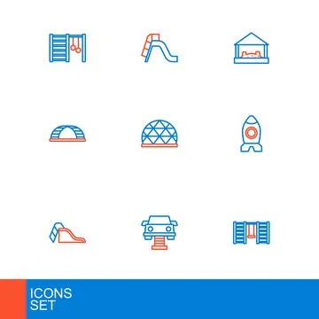 Set line Swedish wall, Swing car, Slide playground, Rocket ship toy, Monkey.. Stock Illustration