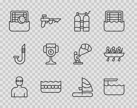 Set line Swimmer, Diving board or springboard, Aqualung, Swimming pool, Water Stock Illustration